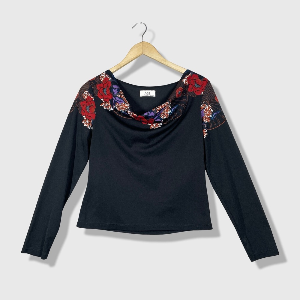 Vintage AGB Byer California Cowl‎ Neck Top Women M Black Floral Art Deco Retro